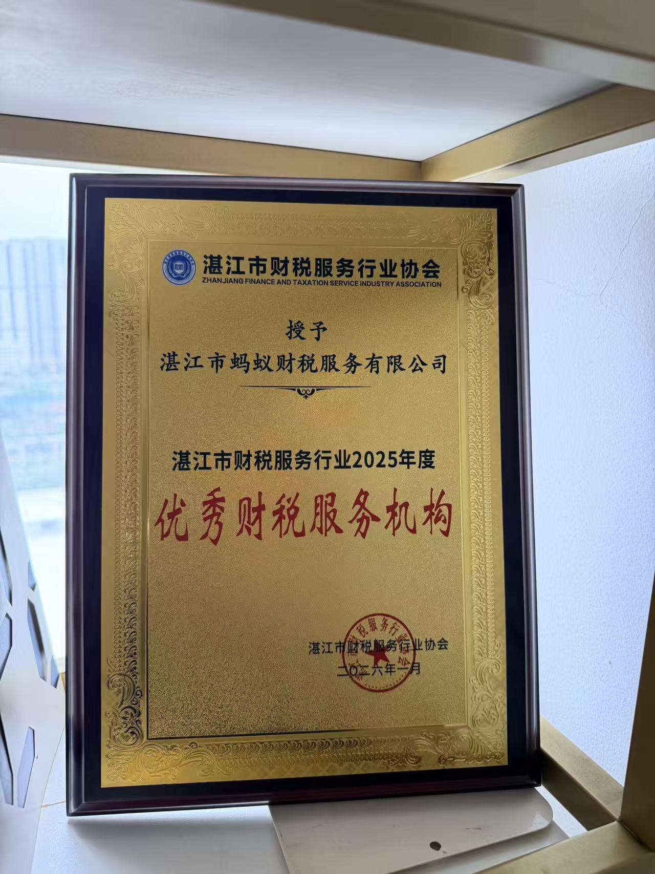 湛江市财税服务行业协会授予2025年度优秀财税服务机构牌匾