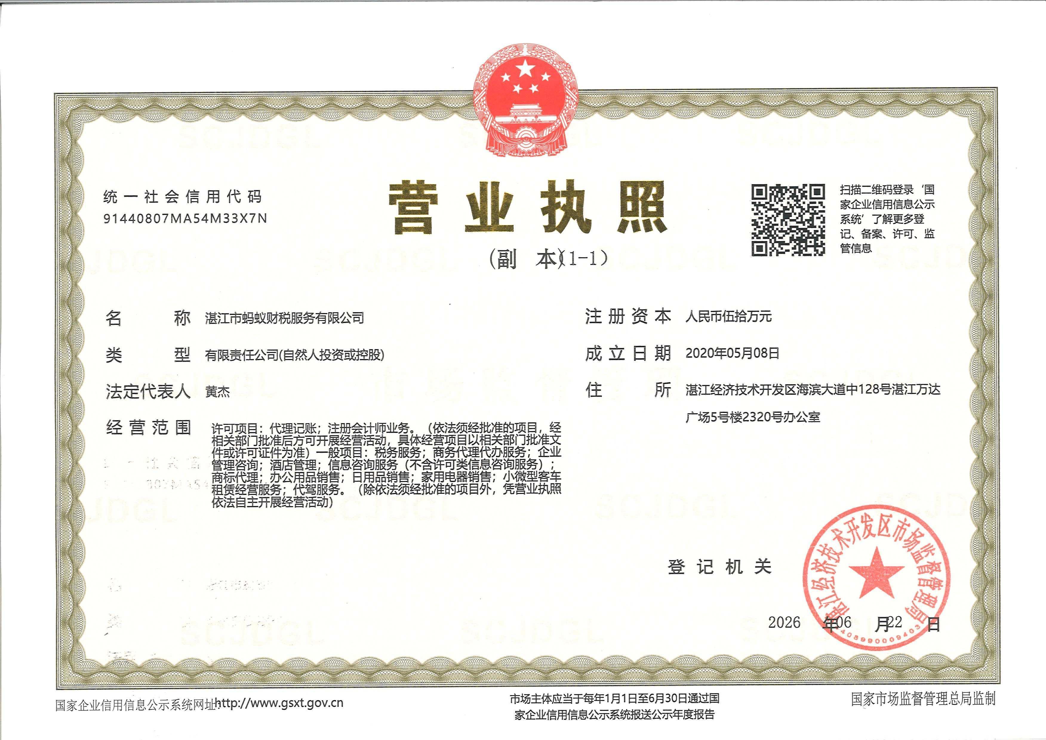 湛江市蚂蚁财税服务有限公司营业执照-统一社会信用代码91440807MA54M33X7N